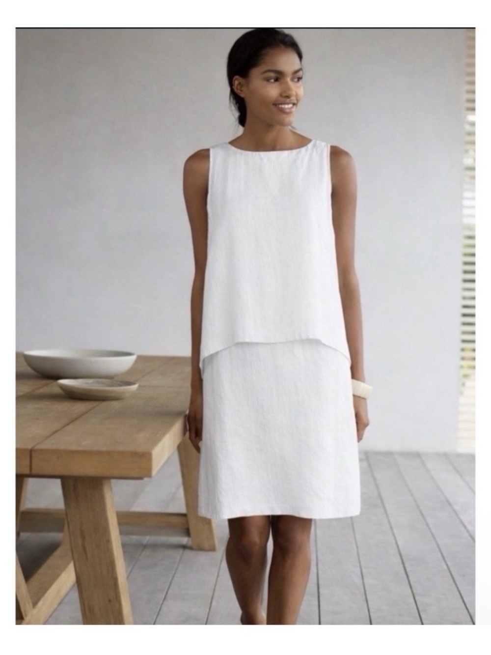 Pure Jill Sleeveless White Linen Layered Shift Dress